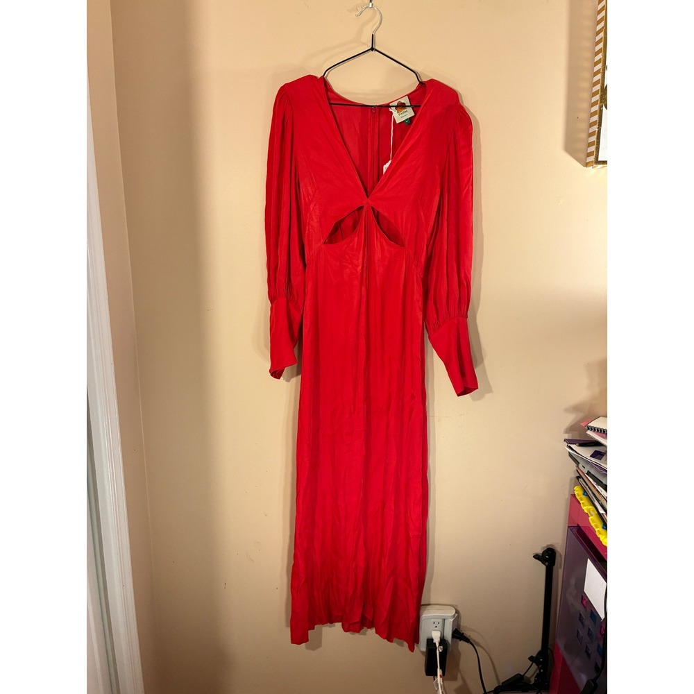 Farm Rio Tropical Party Maxi Dress Boho Chic Cutout Long Sleeve Medium Red